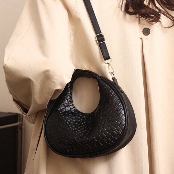 Black Vintage Women's Zipper Closure Faux Leather Woven Handbag - Picture 3 of 6